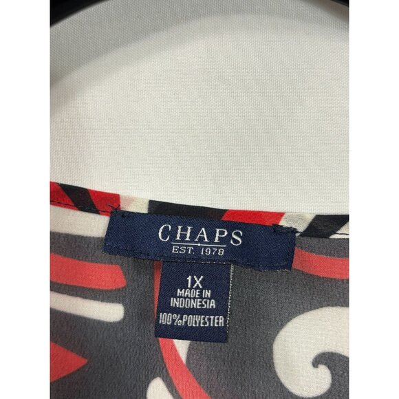 Y2K Chaps Womens Sheer Top Size 1X Abstract Tunic Blouse Red Black White - Picture 7 of 7